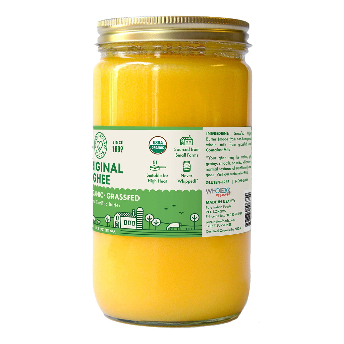 Pure Indian Foods ghee label jar—organic, small-batch quality you can see.