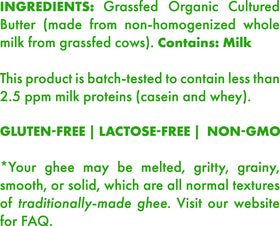 Gluten-free and dairy-safe batch-testing label on Pure Indian Foods ghee.
