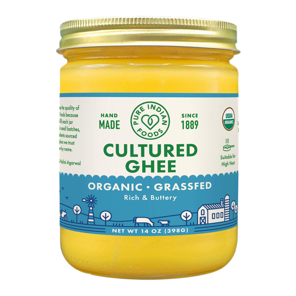 Pure Indian Foods cultured ghee jar front view ideal for sautéing.