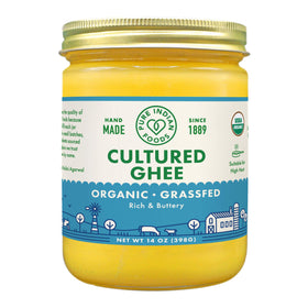 Pure Indian Foods cultured ghee jar front view ideal for sautéing.