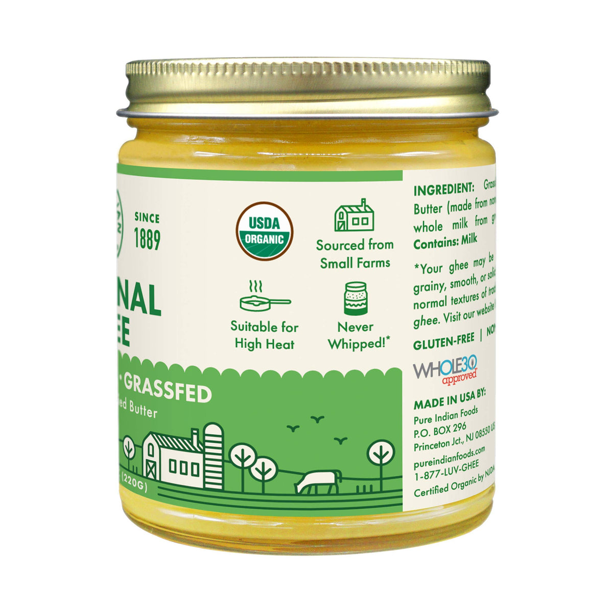 Pure Indian Foods ghee jar back label notes organic and non-GMO certification
