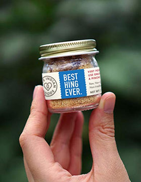 Pure Indian Foods Hing powder bottle packaging highlights purity.