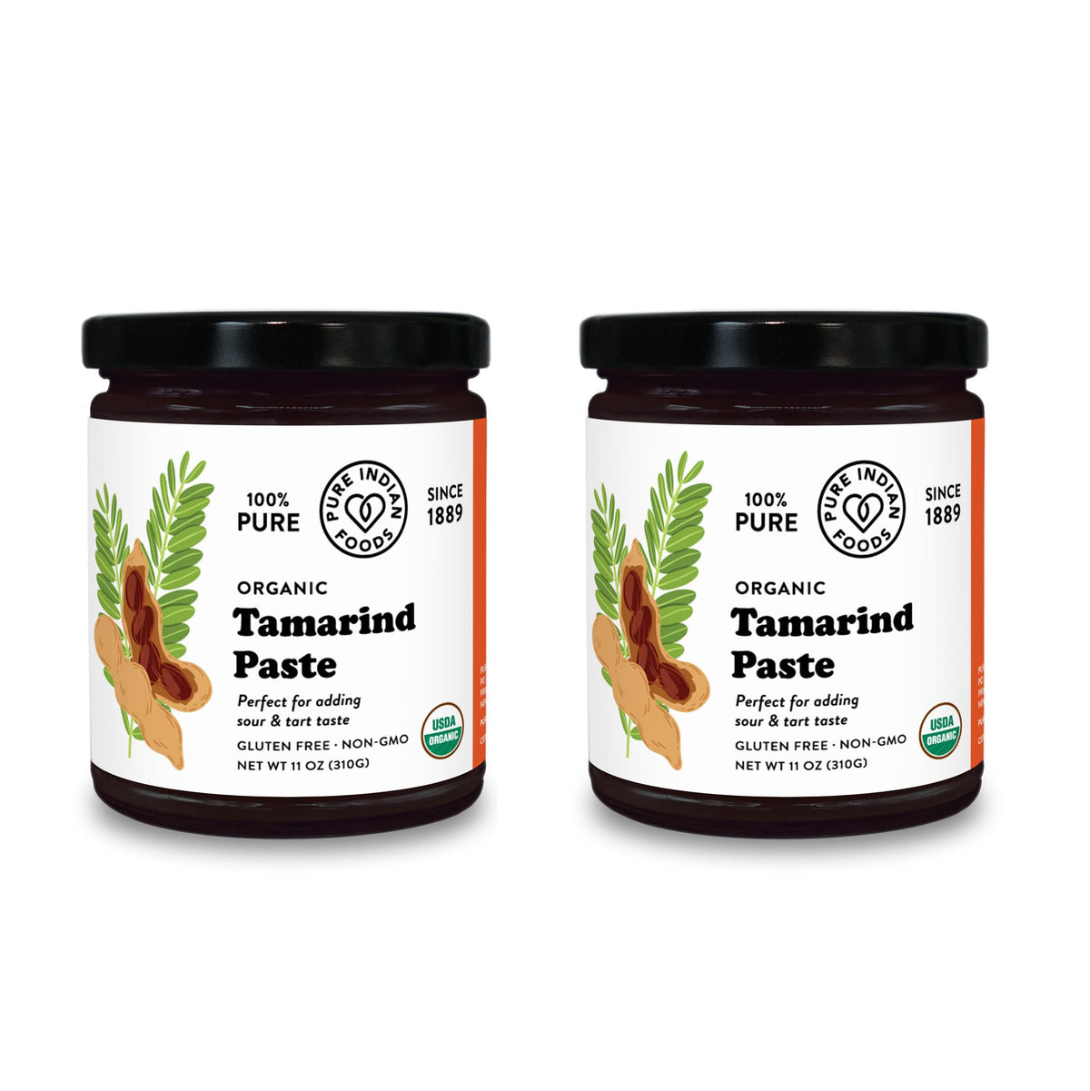 Pure Indian Foods tamarind paste concentrate in a glass jar, ideal for chutneys and curries.