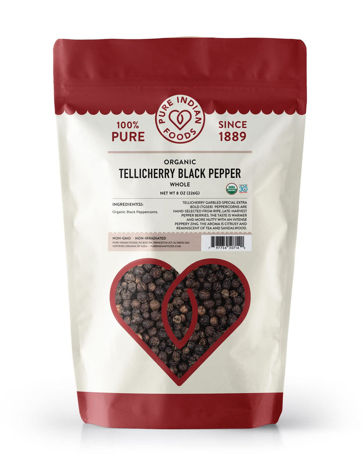 Pure Indian Foods Tellicherry peppercorns close-up highlighting bold, aromatic pepper notes.