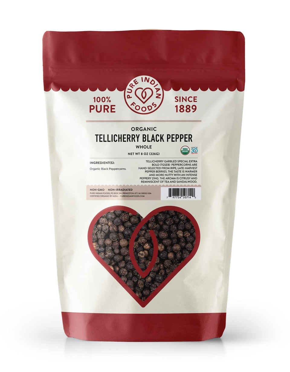Pure Indian Foods Tellicherry peppercorns close-up highlighting bold, aromatic pepper notes.