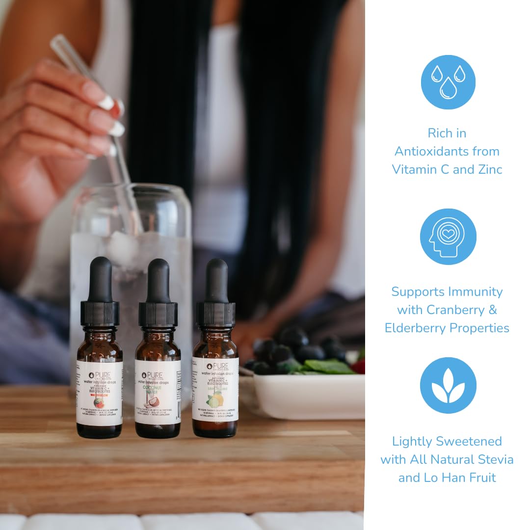 Pure Inventions bottle side view highlights zero calories and sugar-free hydration.