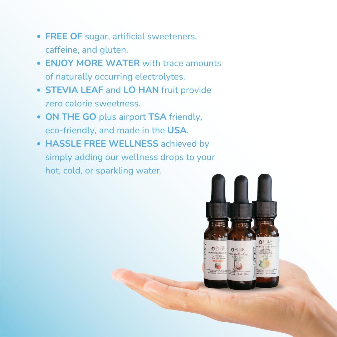Pure Inventions drops pouring into water to flavor your drink.
