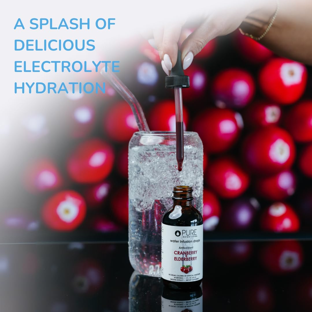 Pure Inventions glass of water with drops ready for daily hydration.