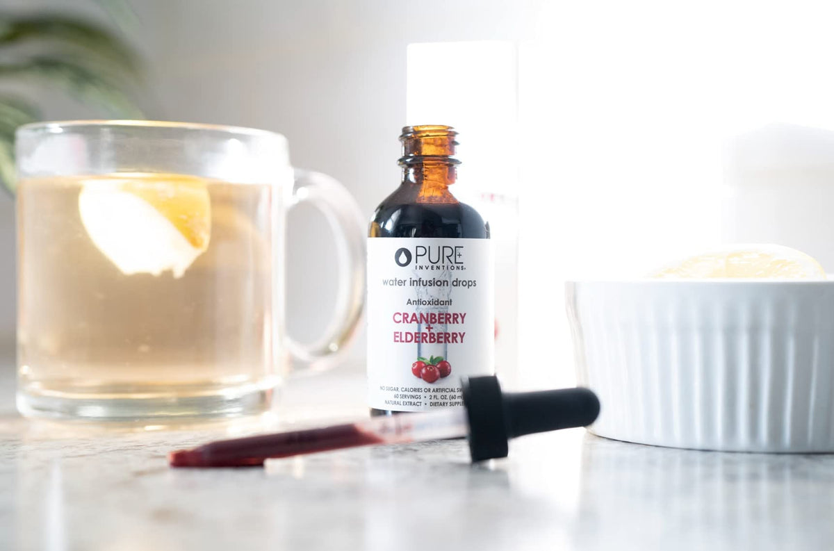 Pure Inventions drops in sparkling water create a vibrant drink.