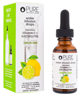 Pure Inventions water enhancer drops in a bottle showing zero calories and clean ingredients.