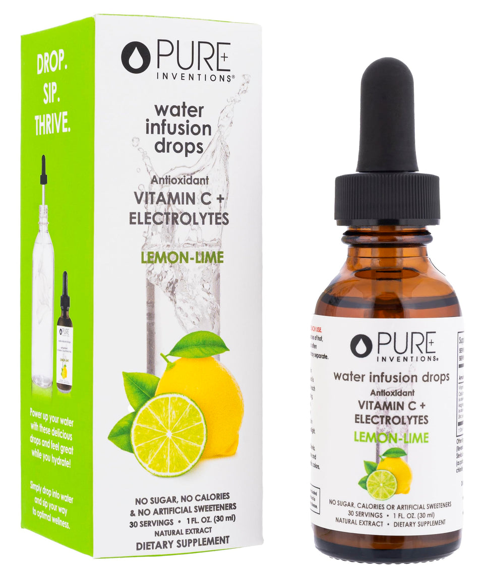 Pure Inventions water enhancer drops in a bottle showing zero calories and clean ingredients.