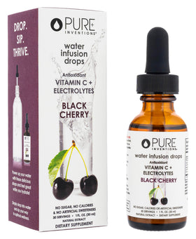 Pure Inventions water enhancer bottle close-up highlights sugar-free hydration with electrolytes.