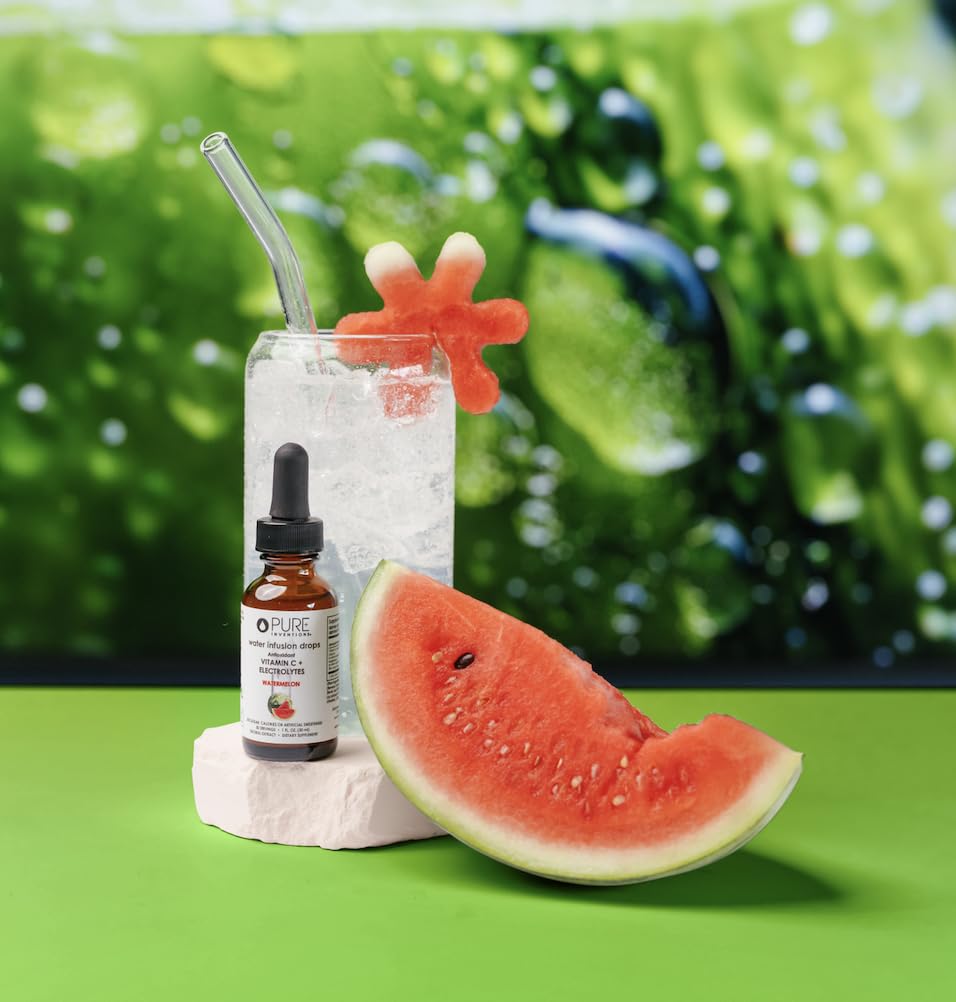 Glass filled with water and drops showing hydration convenience from Pure Inventions