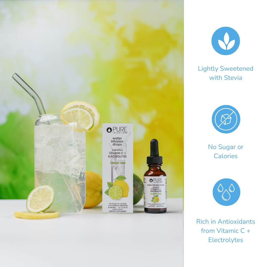 Glass of water with Pure Inventions Lemon Lime drops for electrolyte hydration.