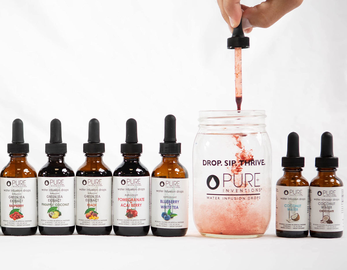 Lifestyle shot with peach-flavored water in a kitchen setting