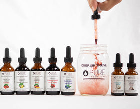 Lifestyle shot with peach-flavored water in a kitchen setting