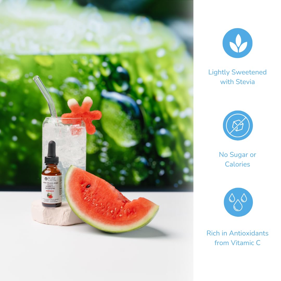 Watermelon slice beside Pure Inventions drops bottle suggesting flavor cue