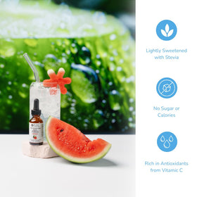 Watermelon slice beside Pure Inventions drops bottle suggesting flavor cue