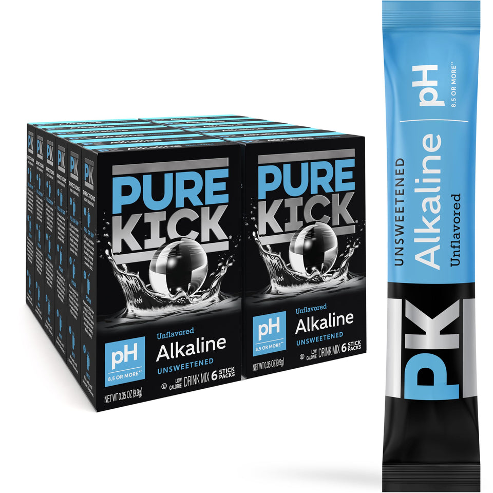 Pure Kick alkaline box set showing 12 boxes for easy on-the-go hydration.