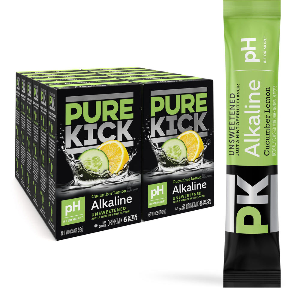 Pure Kick Alkaline cucumber lemon packet for on-the-go hydration.