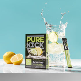 Pure Kick alkaline packaging boxes stacked for convenient purchase.