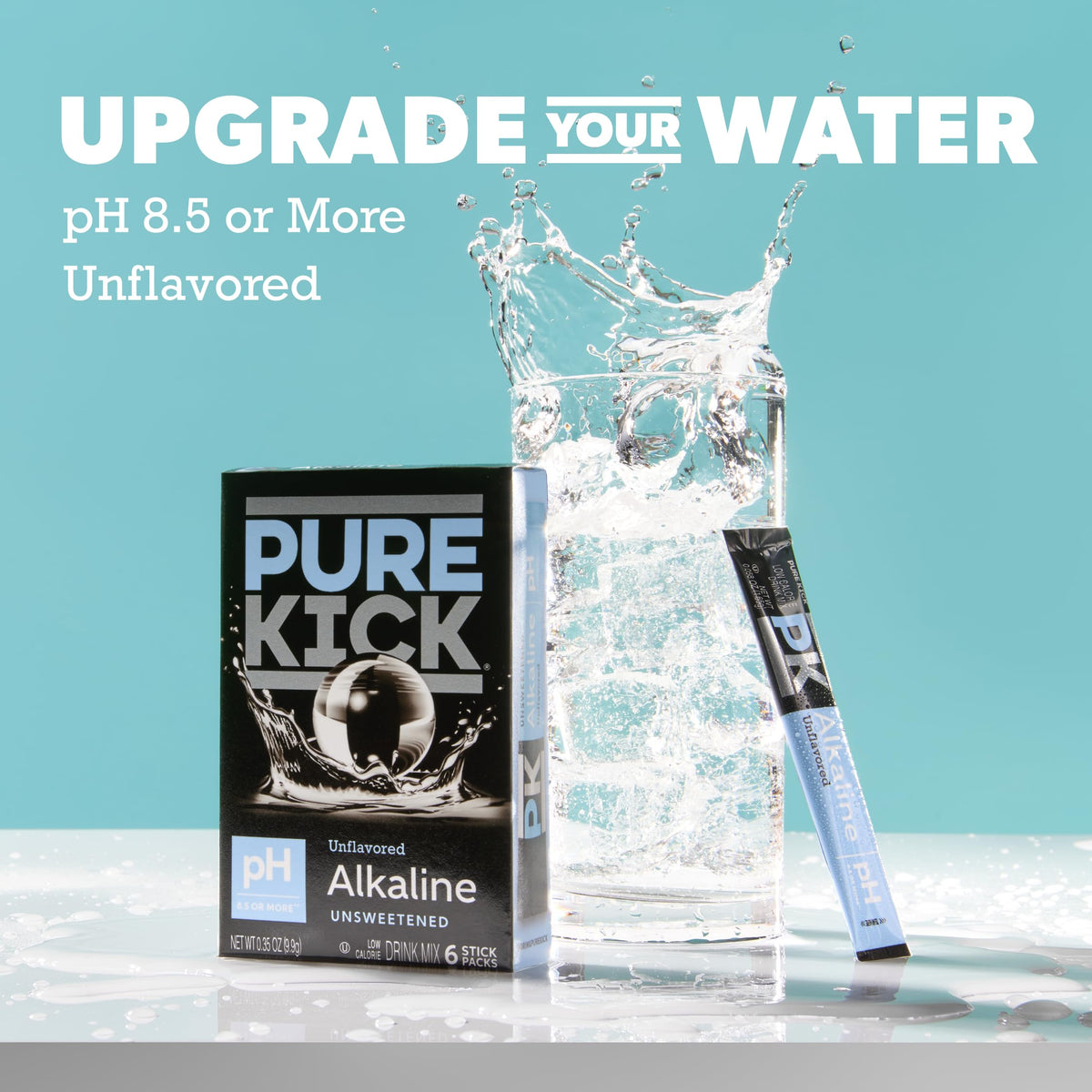 Pure Kick alkaline sticks dissolving in water for quick hydration.