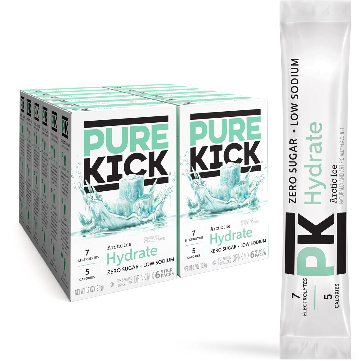 PURE KICK Arctic Ice packets ready to mix for on-the-go hydration.