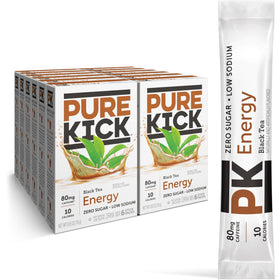 Pure Kick Black Tea energy singles stick in a glass for a refreshing boost.