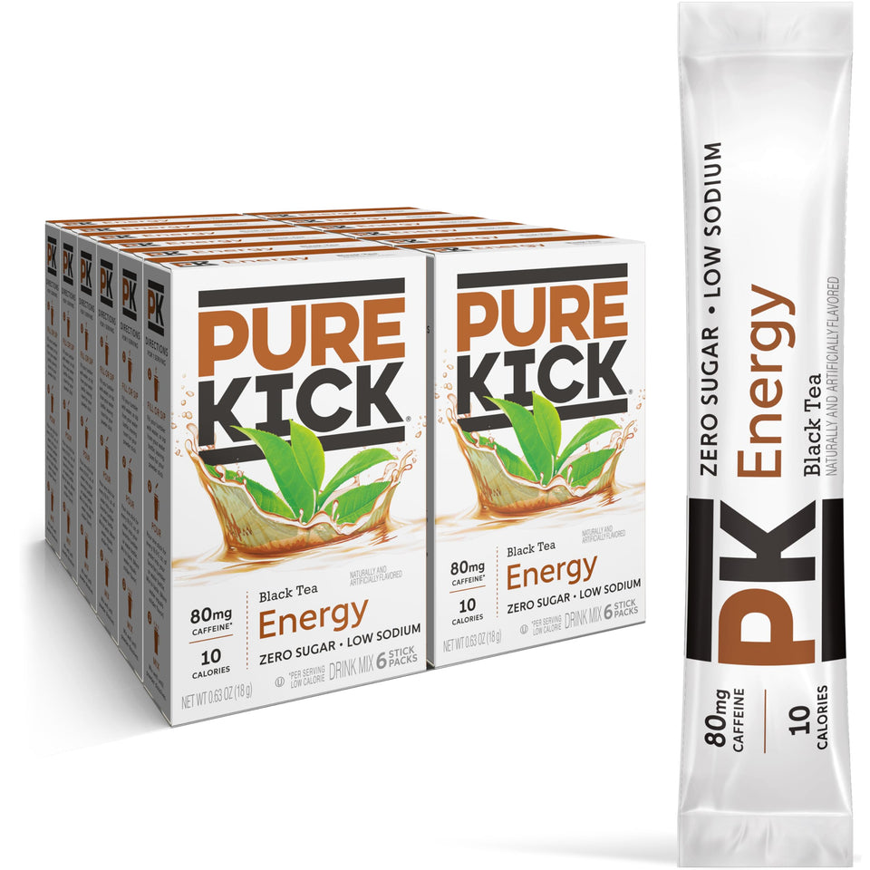 Pure Kick Black Tea energy singles stick in a glass for a refreshing boost.