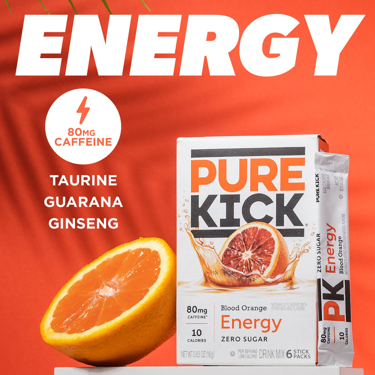 Pure Kick Blood Orange packet beside the box, ideal for quick hydration.