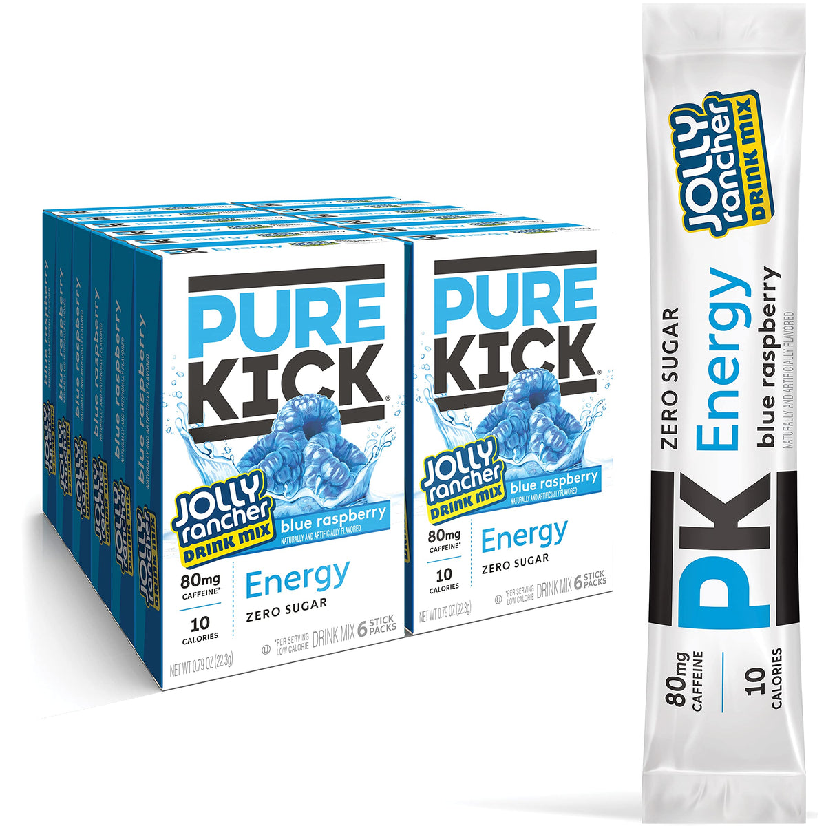 Pure Kick Blue Raspberry box packaging, a 12-box set for on-the-go energy.