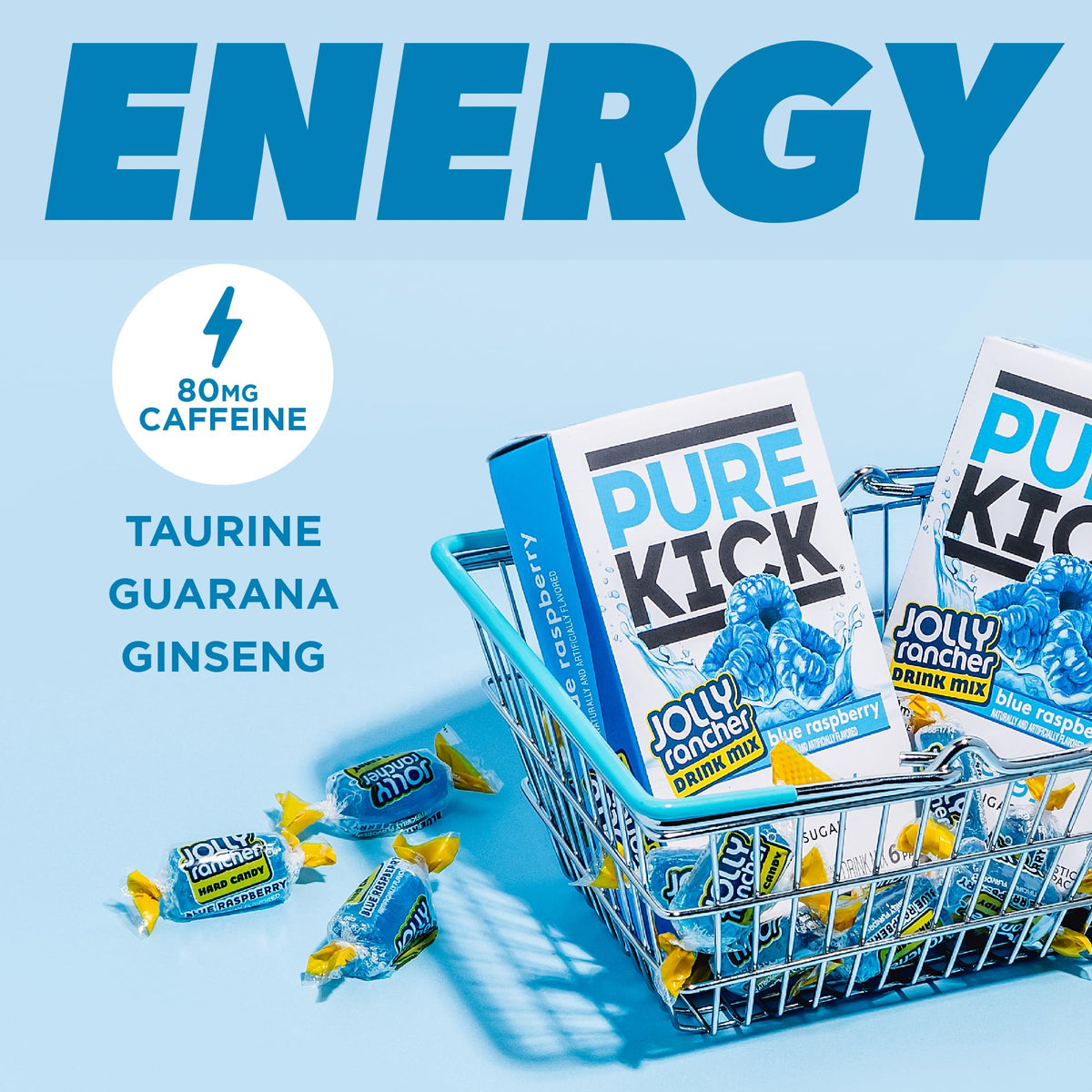 Pure Kick Blue Raspberry stick packets ready to mix into water.