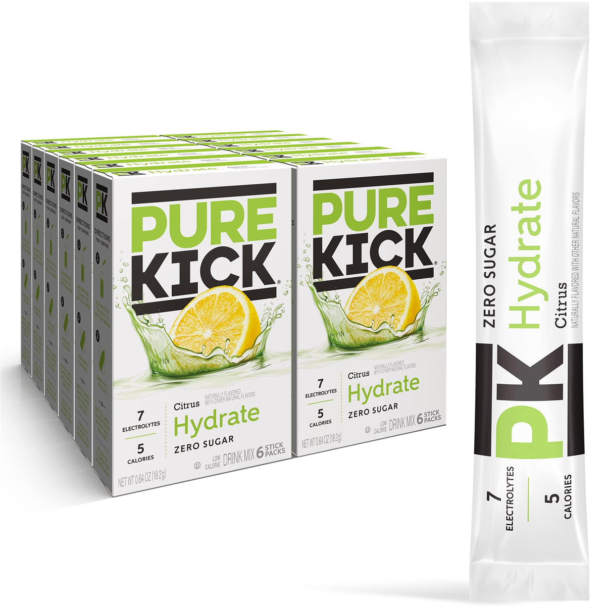PURE KICK Citrus bottle pour, refreshing zero-sugar option for on-the-go hydration.