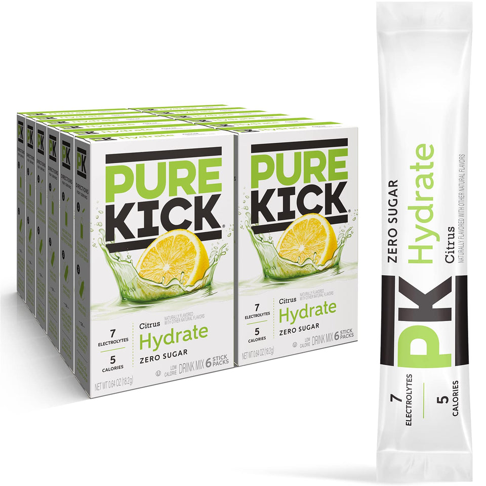 PURE KICK Citrus bottle pour, refreshing zero-sugar option for on-the-go hydration.