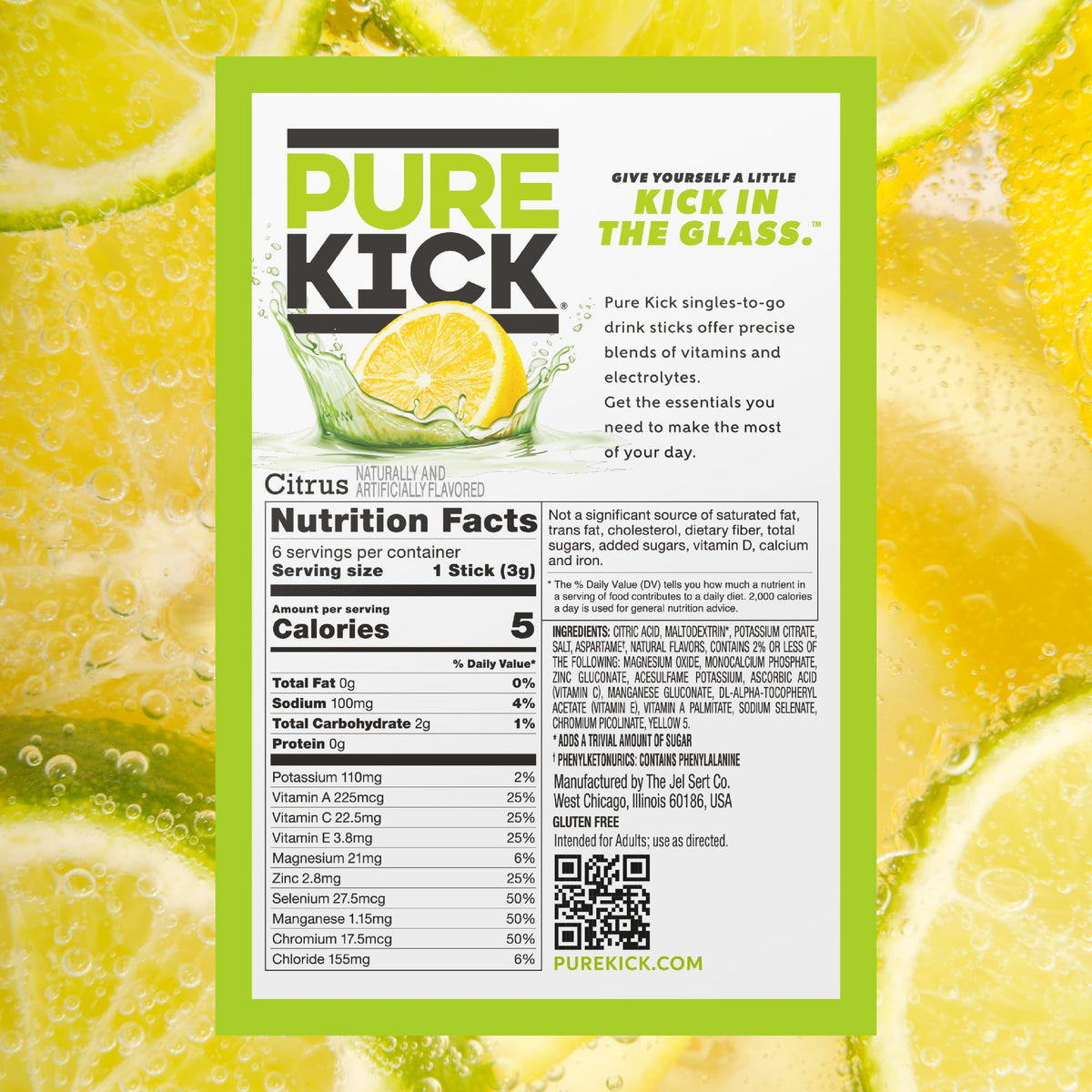 PURE KICK Citrus packaging highlights portability for daily hydration.