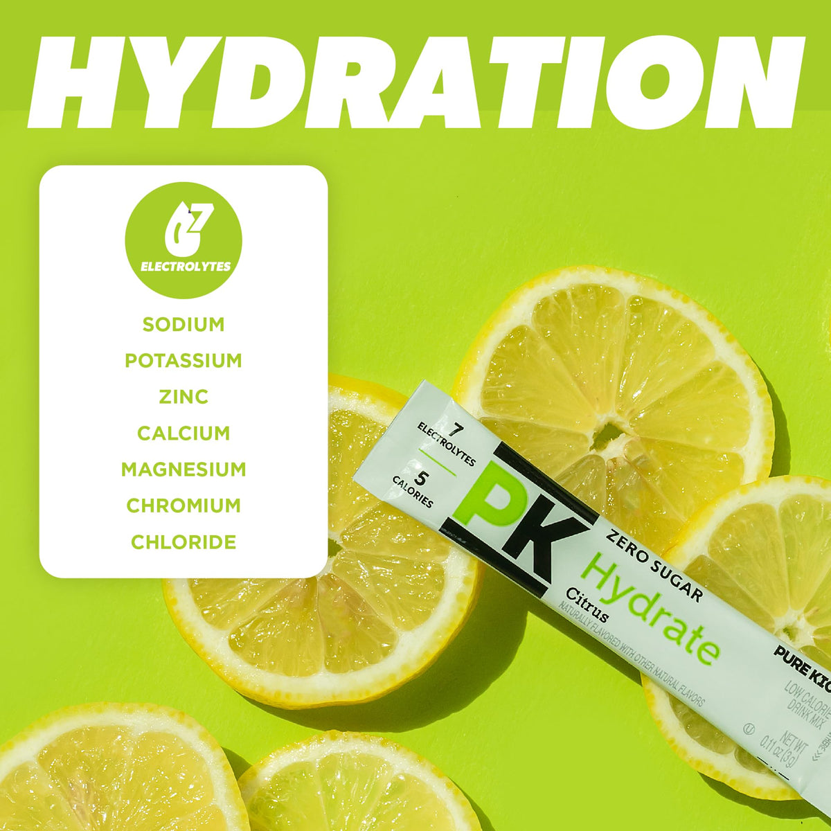 PURE KICK Citrus packet open showing easy powder mix into water anytime.