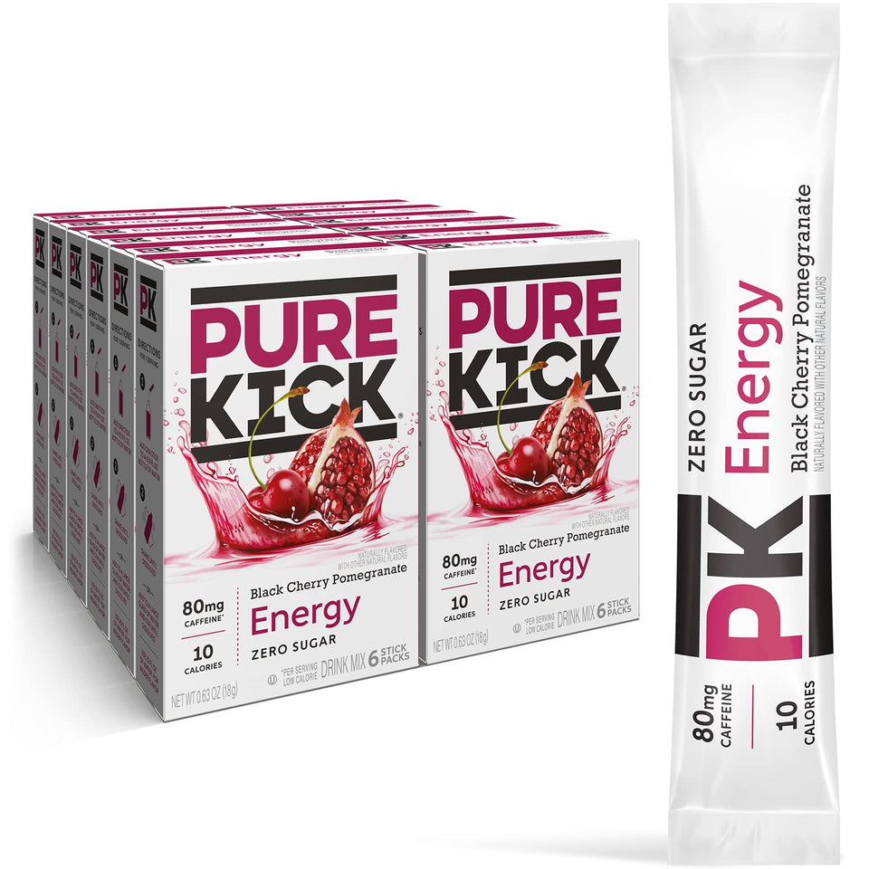 Pure Kick energy singles to go bottle and packet close-up, convenient on-the-go energy.