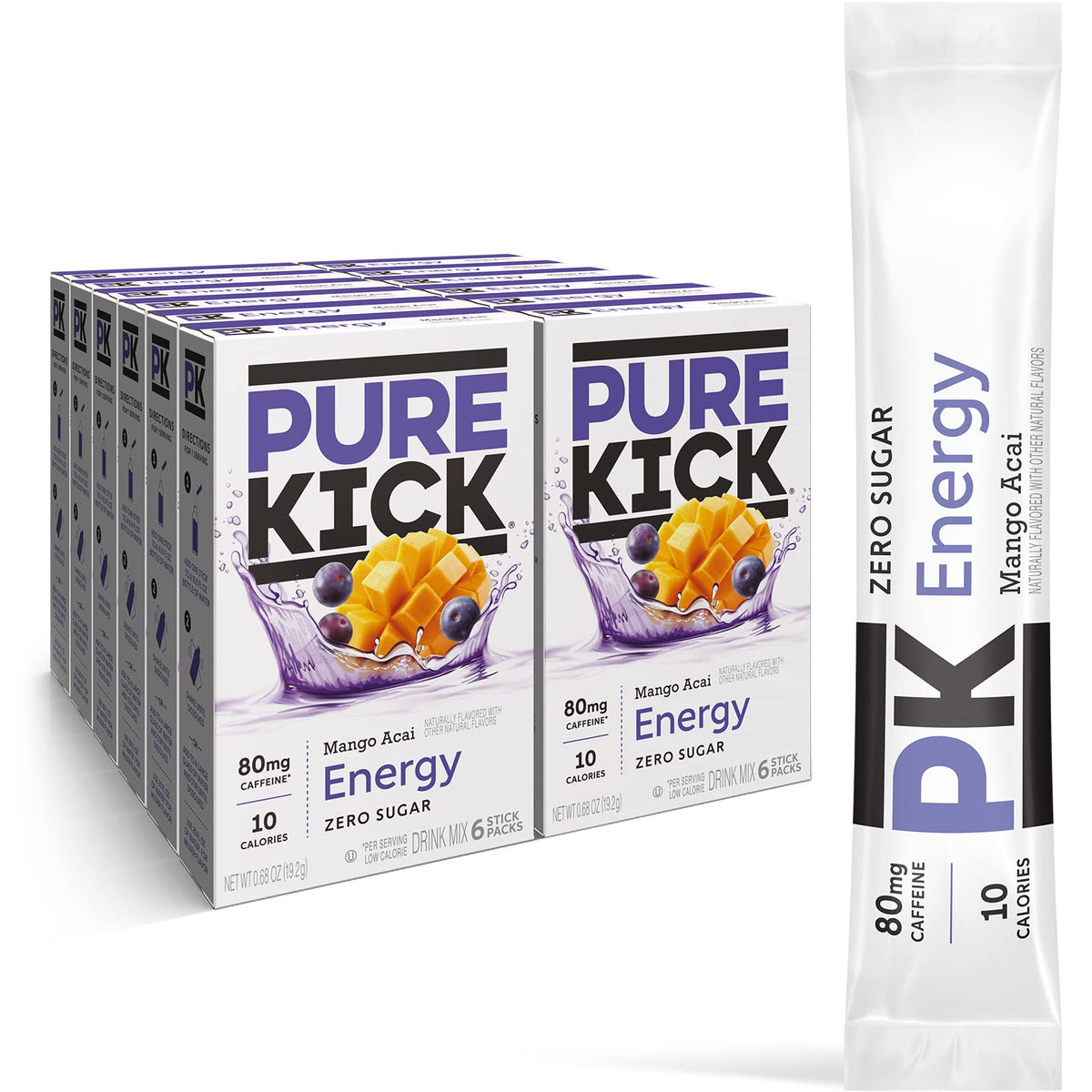 Pure Kick Energy Singles to Go mango acai box shows convenient sachets for on-the-go energy.