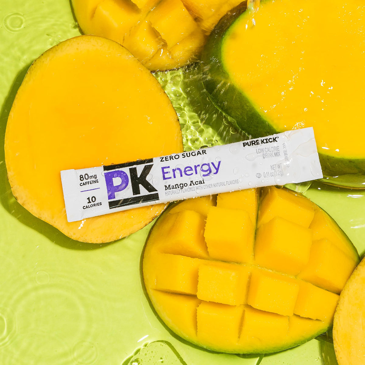 Pure Kick mango acai flavor visual highlighting bold tropical taste.