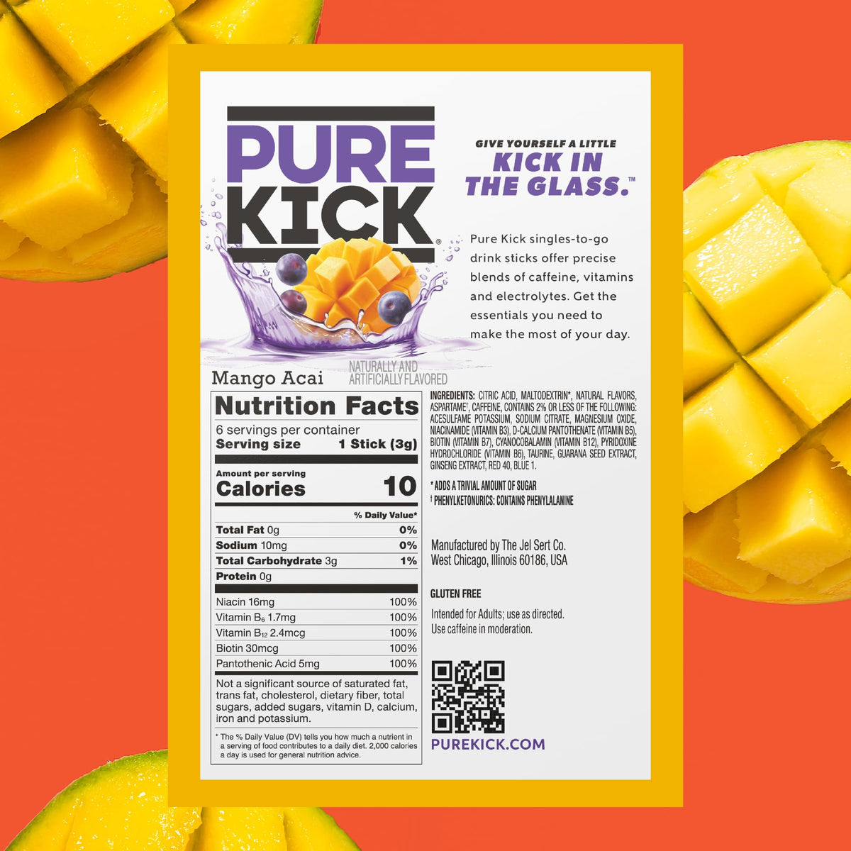 Pure Kick packaging highlights vitamins and zero-sugar, low-calorie formula.