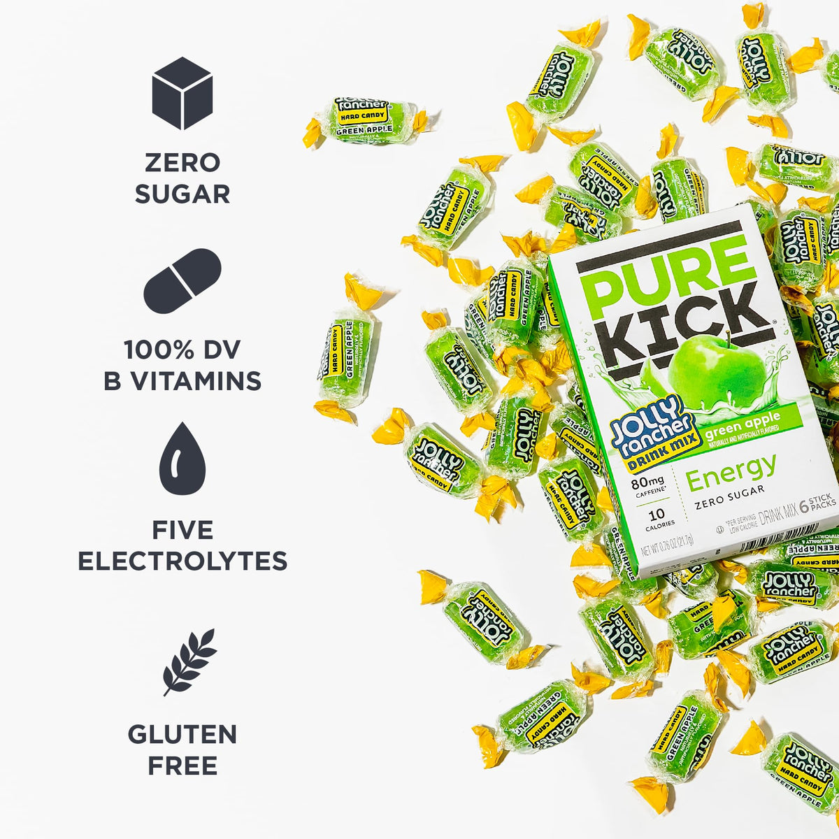 Glass of water with dissolving Pure Kick stick, quick zero-sugar energy.
