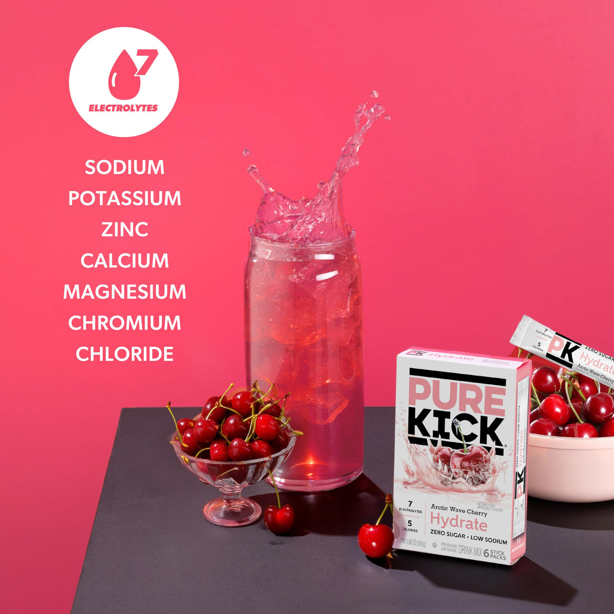 Pure Kick Hydrate Arctic Wave Cherry packets dissolving in water for flavor and hydration.