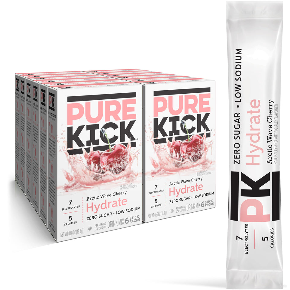 Pure Kick Hydrate Arctic Wave Cherry stick pack for on-the-go hydration with electrolytes.