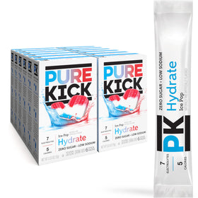 Pure Kick Hydrate Ice Pop box front highlights zero-sugar flavor.