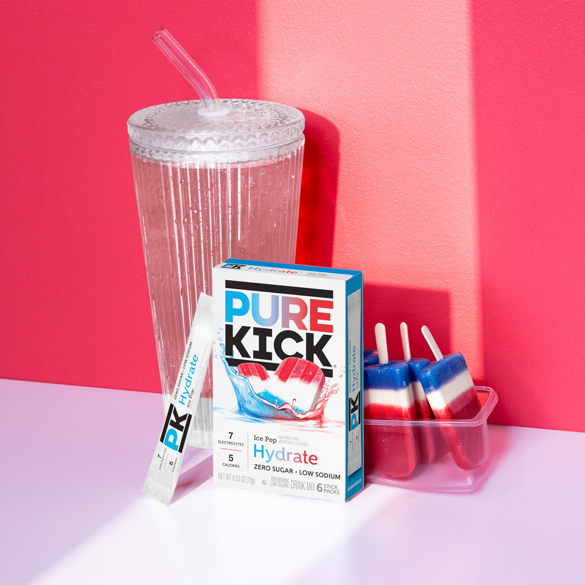Pure Kick Hydrate Ice Pop box side emphasizes convenient single-serve packets.