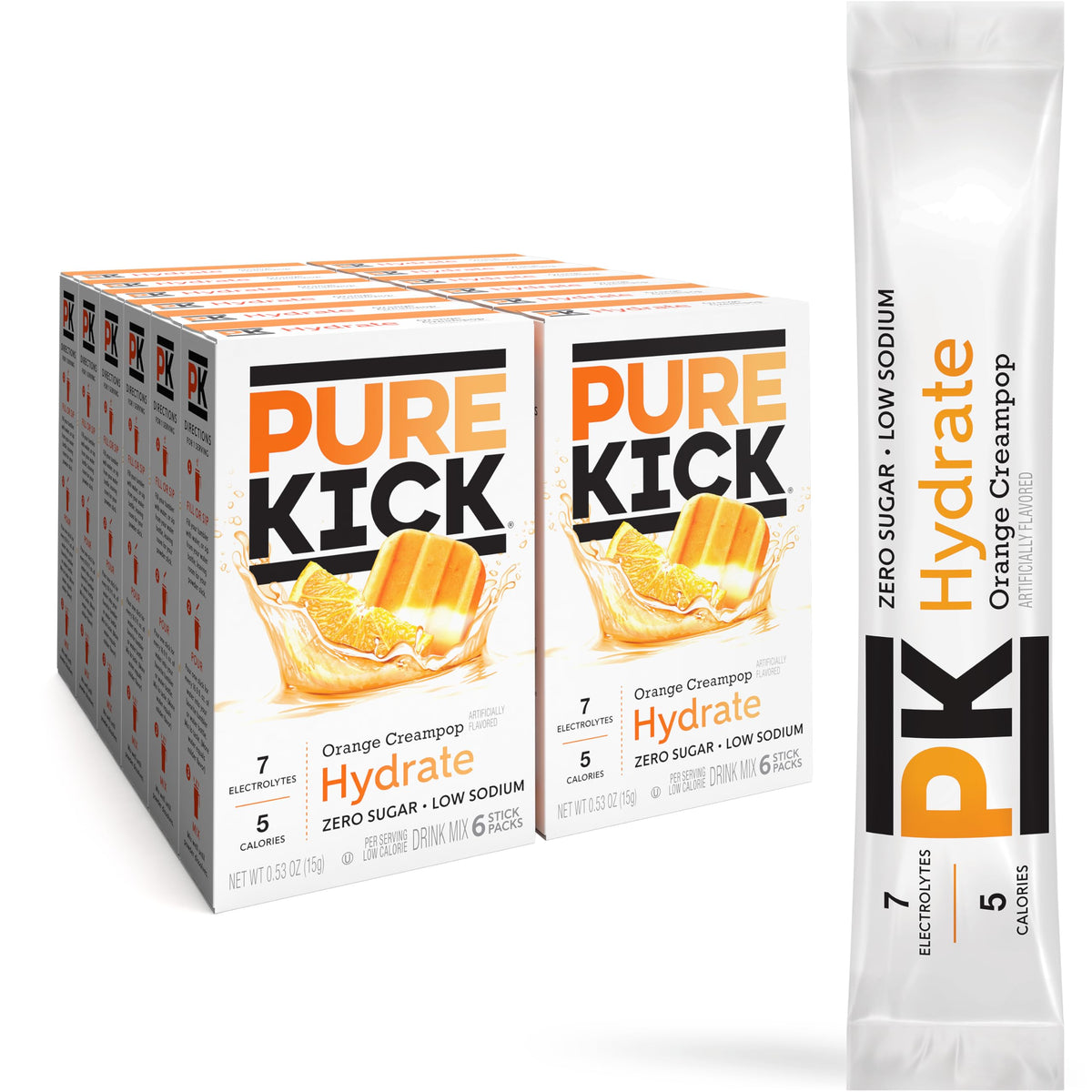 Pure Kick Hydration Orange Creampop box front for quick, sugar-free flavor in seconds