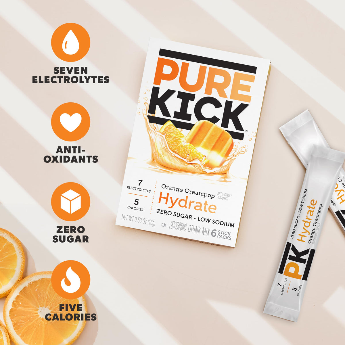 Pure Kick Hydration Orange Creampop glass shows a creamy orange beverage