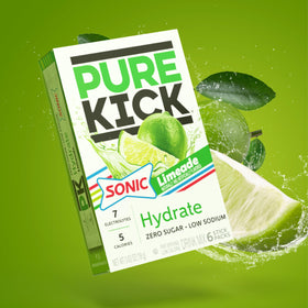 PURE KICK box display highlighting 72 servings across 12 boxes for consistent hydration