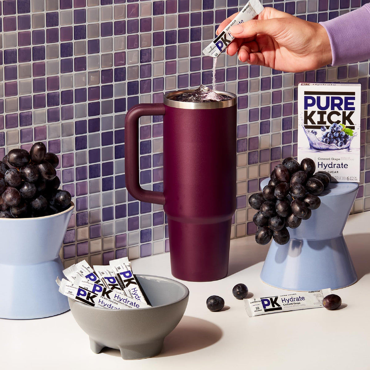 Pure Kick Hydration Singles to Go Concord Grape box packaging showing 72 servings