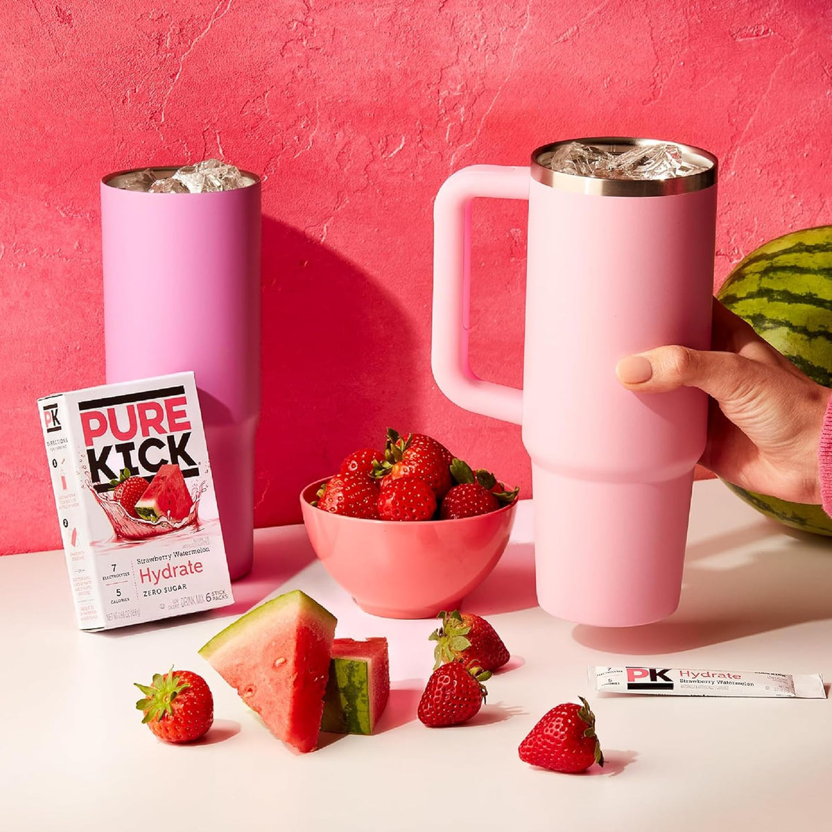 Pure Kick on-the-go use for beach or office hydration.
